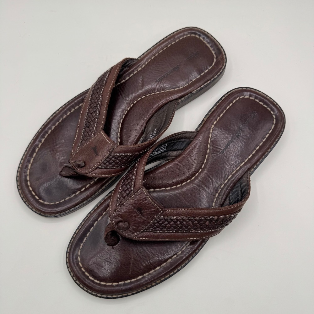 Tommy Bahama Anchors Away Mens Sz 11 D Brown Leather Woven Flip Flop Sandals